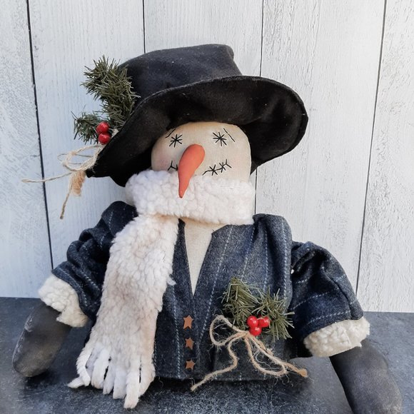 HANDMADE Primitive Country Snowman Wool Coat Stuffed Doll Christmas Decor - Picture 1 of 8